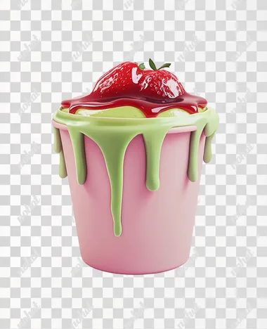 illustration, matcha pannacotta in a pink takeaway paper cup not above the rim,, with strawberry sauce on top, white background, taken front oni, luxury, minimalistic, high detailed, 8k, realistic, beautiful,