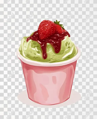 illustration, matcha pannacotta in a pink takeaway paper cup not above the rim,, with strawberry sauce on top, white background, taken front oni, luxury, minimalistic, high detailed, 8k, realistic, beautiful,