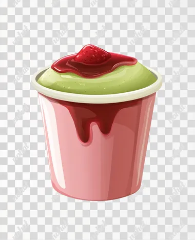 illustration, matcha pannacotta in a pink takeaway paper cup not above the rim,, with strawberry sauce on top, white background, taken front oni, luxury, minimalistic, high detailed, 8k, realistic, beautiful,
