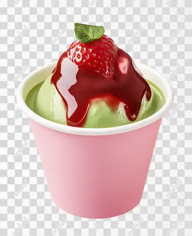 illustration, matcha pannacotta in a pink takeaway paper cup not above the rim,, with strawberry sauce on top, white background, taken front oni, luxury, minimalistic, high detailed, 8k, realistic, beautiful,