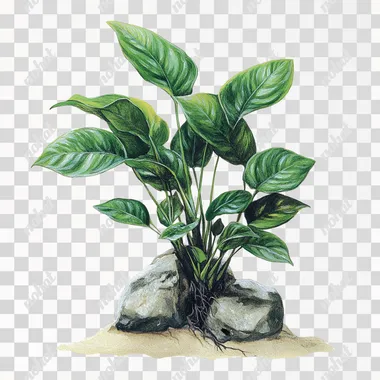 anubias aquarium plant, oil colors, no background