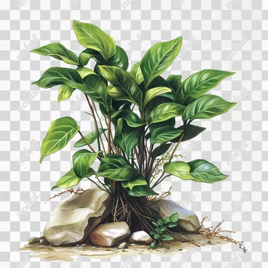 anubias aquarium plant, oil colors, no background