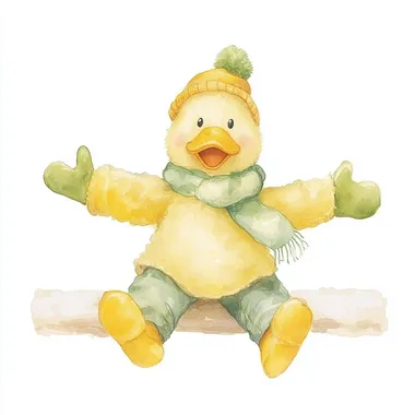 Watercolor illustration of a cute and happy baby duck dressed in winter , on a white background, in the style of the illustrator. No mockup.    rofile 415twfe
