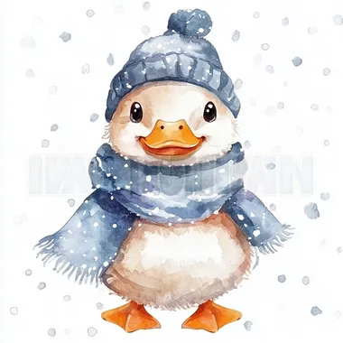 Watercolor illustration of a cute and happy baby duck dressed in winter , on a white background, in the style of the illustrator. No mockup.    rofile 415twfe