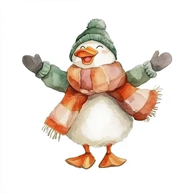 Watercolor illustration of a cute and happy baby duck dressed in winter , on a white background, in the style of the illustrator. No mockup.    rofile 415twfe