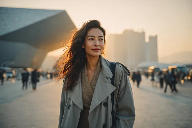 Korean Woman in Futuristic Metropolis