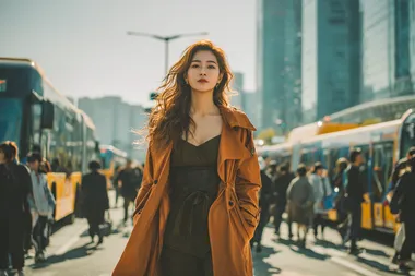 A cinematic and highly detailed street fashion portrait of a beautiful korean woman striding gracefully through a futuristic metropolis. She wears an elegant off-the-shoulder blouse under a long urban-style trench coat, blending contemporary fashion with a high-tech aesthetic. The city around her is alive with movementeople walking, autonomous buses gliding silently, and sleek modern architecture featuring geometric patterns. The sky is clear, casting natural sunlight onto the vibrant streets, while her hair flows slightly from the urban breeze as she confidently navigates through the stylish, ever-moving city.