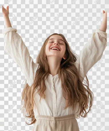 medium shot of a teenager girl happy, rising arms in joyfulness, extremely happy. White background png, stock images hd, royalty free, in the style of light brown and light pink, the snapshot aesthetic, hurufiyya, y2k aesthetic, website, 32k uhd, day photography, hyperrealistic photography