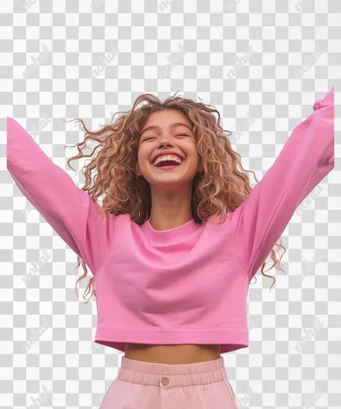 medium shot of a teenager girl happy, rising arms in joyfulness, extremely happy. White background png, stock images hd, royalty free, in the style of light brown and light pink, the snapshot aesthetic, hurufiyya, y2k aesthetic, website, 32k uhd, day photography, hyperrealistic photography