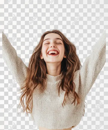 medium shot of a teenager girl happy, rising arms in joyfulness, extremely happy. White background png, stock images hd, royalty free, in the style of light brown and light pink, the snapshot aesthetic, hurufiyya, y2k aesthetic, website, 32k uhd, day photography, hyperrealistic photography