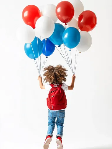 A hyper-realistic studio photograph of a 3-year-old child seen from behind, floating slightly above the ground, holding strings attached to a massive cluster of vibrant balloons in shades of red, blue, and white. The child is dressed in a plain white t-shirt, blue jeans, shiny red sneakers, and a red student backpack. Her curly hair bounces dynamically as she moves upward, creating a sense of action and wonder, as if she is flying toward an exciting destination just out of view. The background is a clean white studio with soft shadows below, adding depth and realism. The balloons dominate the upper frame, with some blurred to emphasize motion and depth. Captured at eye level with soft, diffused studio lighting, the image conveys a whimsical and uplifting atmosphere, full of anticipation and magic