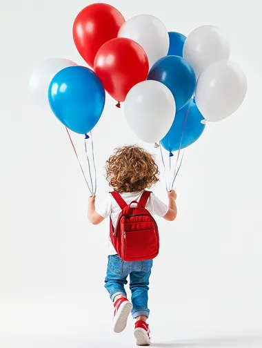 A hyper-realistic studio photograph of a 3-year-old child seen from behind, floating slightly above the ground, holding strings attached to a massive cluster of vibrant balloons in shades of red, blue, and white. The child is dressed in a plain white t-shirt, blue jeans, shiny red sneakers, and a red student backpack. Her curly hair bounces dynamically as she moves upward, creating a sense of action and wonder, as if she is flying toward an exciting destination just out of view. The background is a clean white studio with soft shadows below, adding depth and realism. The balloons dominate the upper frame, with some blurred to emphasize motion and depth. Captured at eye level with soft, diffused studio lighting, the image conveys a whimsical and uplifting atmosphere, full of anticipation and magic