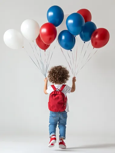 A hyper-realistic studio photograph of a 3-year-old child seen from behind, floating slightly above the ground, holding strings attached to a massive cluster of vibrant balloons in shades of red, blue, and white. The child is dressed in a plain white t-shirt, blue jeans, shiny red sneakers, and a red student backpack. Her curly hair bounces dynamically as she moves upward, creating a sense of action and wonder, as if she is flying toward an exciting destination just out of view. The background is a clean white studio with soft shadows below, adding depth and realism. The balloons dominate the upper frame, with some blurred to emphasize motion and depth. Captured at eye level with soft, diffused studio lighting, the image conveys a whimsical and uplifting atmosphere, full of anticipation and magic