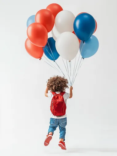 A hyper-realistic studio photograph of a 3-year-old child seen from behind, floating slightly above the ground, holding strings attached to a massive cluster of vibrant balloons in shades of red, blue, and white. The child is dressed in a plain white t-shirt, blue jeans, shiny red sneakers, and a red student backpack. Her curly hair bounces dynamically as she moves upward, creating a sense of action and wonder, as if she is flying toward an exciting destination just out of view. The background is a clean white studio with soft shadows below, adding depth and realism. The balloons dominate the upper frame, with some blurred to emphasize motion and depth. Captured at eye level with soft, diffused studio lighting, the image conveys a whimsical and uplifting atmosphere, full of anticipation and magic
