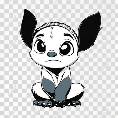 ogo black and white only, pure white background, black lines, the animated character stitch blue grumpy with a beanie