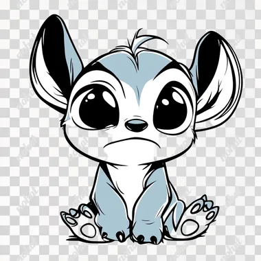 ogo black and white only, pure white background, black lines, the animated character stitch blue grumpy with a beanie