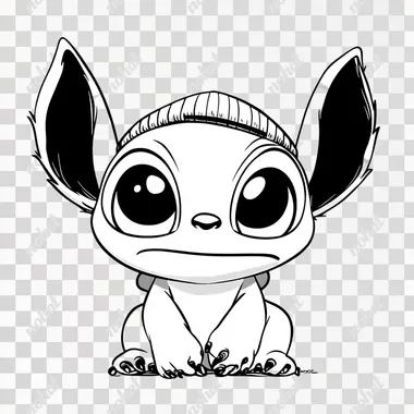 ogo black and white only, pure white background, black lines, the animated character stitch blue grumpy with a beanie