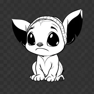 ogo black and white only, pure white background, black lines, the animated character stitch blue grumpy with a beanie