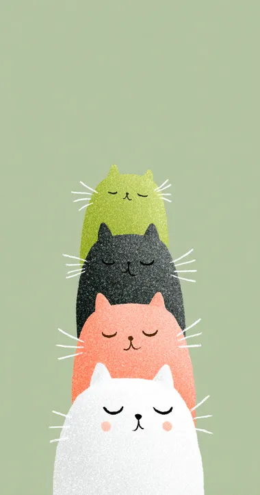 Cute cats in profile, stacked on top of each other, green background, simple lines, in the style of Japanese illustration, pastel colors, flat design, minimalism, close-up portrait, cartoon, children's book illustrations, watercolor painting, simple details, minimalist, white space, clean background  --s 750   5n1ju56