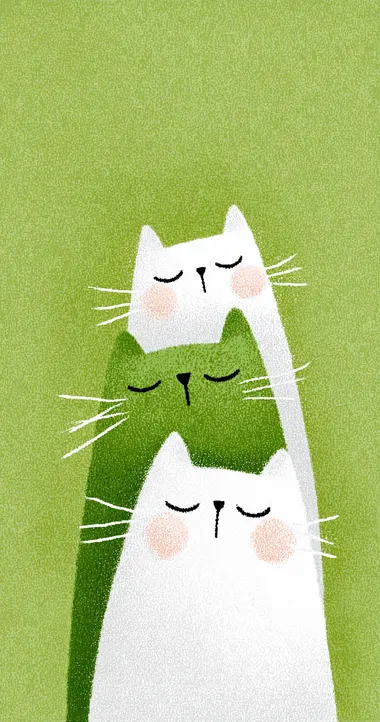 Cute cats in profile, stacked on top of each other, green background, simple lines, in the style of Japanese illustration, pastel colors, flat design, minimalism, close-up portrait, cartoon, children's book illustrations, watercolor painting, simple details, minimalist, white space, clean background  --s 750   5n1ju56