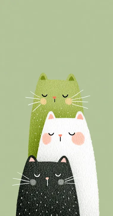 Cute cats in profile, stacked on top of each other, green background, simple lines, in the style of Japanese illustration, pastel colors, flat design, minimalism, close-up portrait, cartoon, children's book illustrations, watercolor painting, simple details, minimalist, white space, clean background  --s 750   5n1ju56