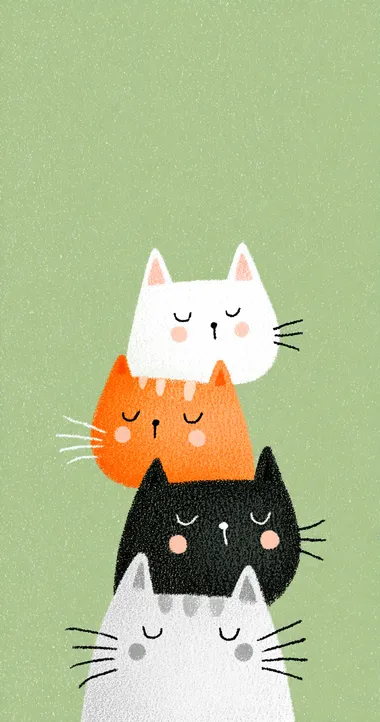Cute cats in profile, stacked on top of each other, green background, simple lines, in the style of Japanese illustration, pastel colors, flat design, minimalism, close-up portrait, cartoon, children's book illustrations, watercolor painting, simple details, minimalist, white space, clean background  --s 750   5n1ju56