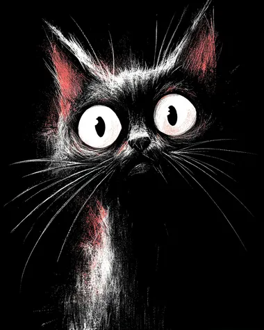 Wide eyed, sinister, evil, angry black cat, facing front, lithograph print, white and grey and red tones. Black background. Tshirt design