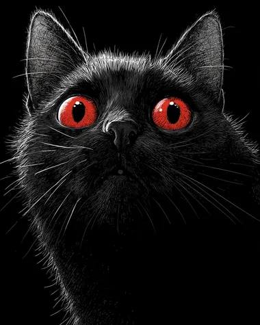 Wide eyed, sinister, evil, angry black cat, facing front, lithograph print, white and grey and red tones. Black background. Tshirt design