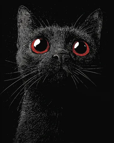 Wide eyed, sinister, evil, angry black cat, facing front, lithograph print, white and grey and red tones. Black background. Tshirt design
