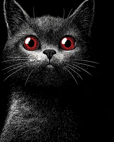Wide eyed, sinister, evil, angry black cat, facing front, lithograph print, white and grey and red tones. Black background. Tshirt design