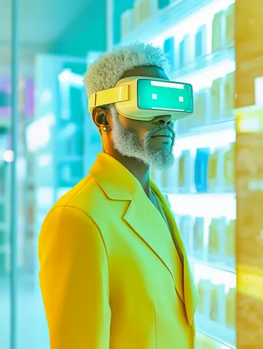 mature male Salesperson in the shop with augmented reality glasses in the shop, gradient from light green to blue and yellow, in the style of fashion photography. Pastel colors, surrealistic. An editorial illustration with minimalist elements, suitable for a fashion magazine cover, shot with Sony Alpha a7 III camera, ISO 100, 85mm lens. hyper-realistic pop style.
