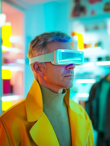 mature male Salesperson in the shop with augmented reality glasses in the shop, gradient from light green to blue and yellow, in the style of fashion photography. Pastel colors, surrealistic. An editorial illustration with minimalist elements, suitable for a fashion magazine cover, shot with Sony Alpha a7 III camera, ISO 100, 85mm lens. hyper-realistic pop style.