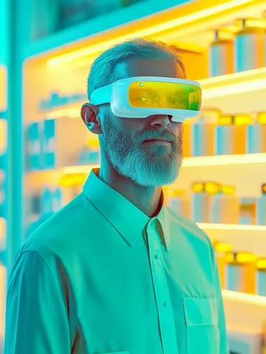 mature male Salesperson in the shop with augmented reality glasses in the shop, gradient from light green to blue and yellow, in the style of fashion photography. Pastel colors, surrealistic. An editorial illustration with minimalist elements, suitable for a fashion magazine cover, shot with Sony Alpha a7 III camera, ISO 100, 85mm lens. hyper-realistic pop style.