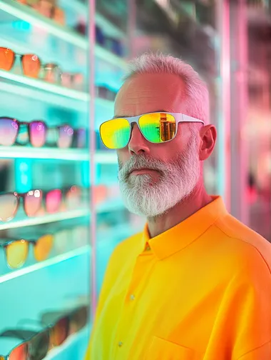 mature male Salesperson in the shop with augmented reality glasses in the shop, gradient from light green to blue and yellow, in the style of fashion photography. Pastel colors, surrealistic. An editorial illustration with minimalist elements, suitable for a fashion magazine cover, shot with Sony Alpha a7 III camera, ISO 100, 85mm lens. hyper-realistic pop style.