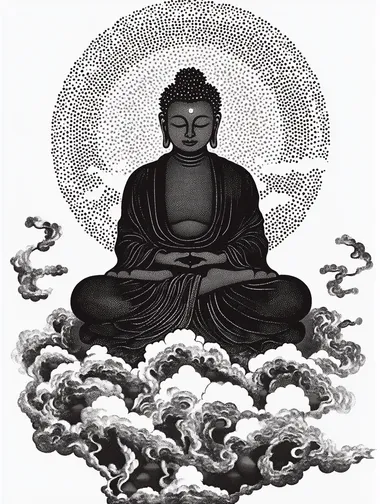 A black-and-white pointillist drawing of the silhouette of Buddha, sitting on top of clouds with his hands folded in prayer. The artwork is composed entirely of dots, creating an intricate pattern that forms details such as facial features, , arms, and legs. A large halo or light around him has also been created by these small dots. In the style of traditional Chinese calligraphy, the background includes auspicious symbols like cloud patterns and mountains. It's a simple yet elegant design.