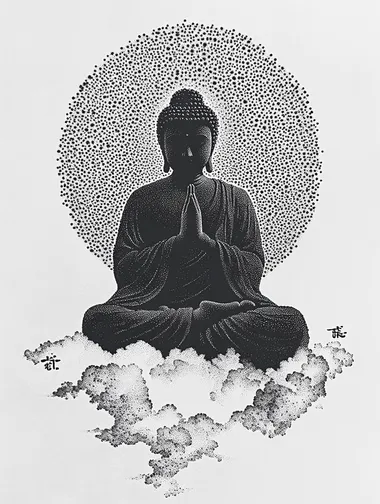 A black-and-white pointillist drawing of the silhouette of Buddha, sitting on top of clouds with his hands folded in prayer. The artwork is composed entirely of dots, creating an intricate pattern that forms details such as facial features, , arms, and legs. A large halo or light around him has also been created by these small dots. In the style of traditional Chinese calligraphy, the background includes auspicious symbols like cloud patterns and mountains. It's a simple yet elegant design.