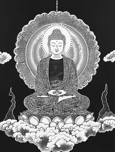 A black-and-white pointillist drawing of the silhouette of Buddha, sitting on top of clouds with his hands folded in prayer. The artwork is composed entirely of dots, creating an intricate pattern that forms details such as facial features, , arms, and legs. A large halo or light around him has also been created by these small dots. In the style of traditional Chinese calligraphy, the background includes auspicious symbols like cloud patterns and mountains. It's a simple yet elegant design.