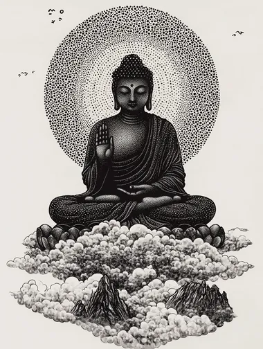 A black-and-white pointillist drawing of the silhouette of Buddha, sitting on top of clouds with his hands folded in prayer. The artwork is composed entirely of dots, creating an intricate pattern that forms details such as facial features, , arms, and legs. A large halo or light around him has also been created by these small dots. In the style of traditional Chinese calligraphy, the background includes auspicious symbols like cloud patterns and mountains. It's a simple yet elegant design.