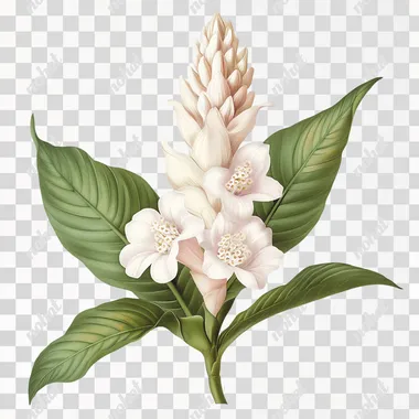 Wild ginger flower, white background, style of Pierre-Joseph Redoute