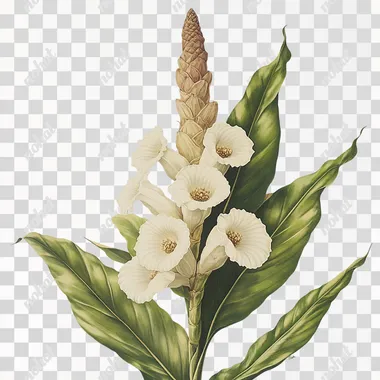 Wild ginger flower, white background, style of Pierre-Joseph Redoute
