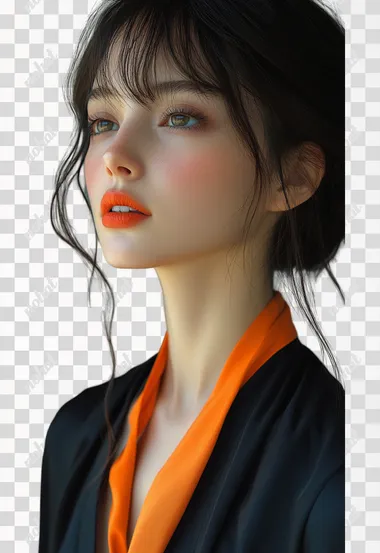 A Japanese woman, wearing black clothing with orange accents, facing diagonally::2 , full body shot, standing against a solid green background.  --s 1000