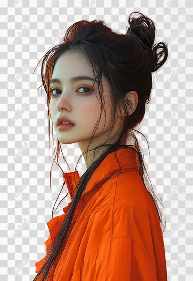 A Japanese woman, wearing black clothing with orange accents, facing diagonally::2 , full body shot, standing against a solid green background.  --s 1000