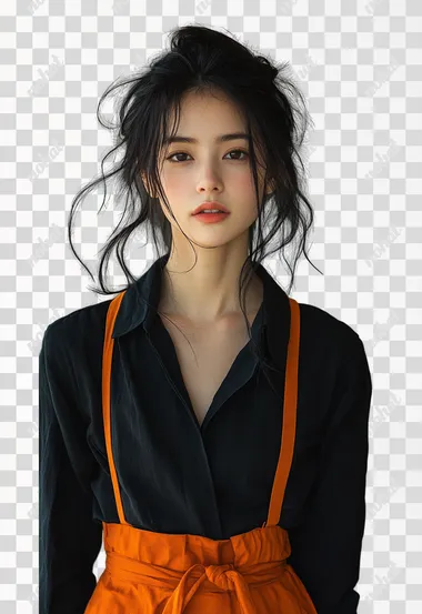 A Japanese woman, wearing black clothing with orange accents, facing diagonally::2 , full body shot, standing against a solid green background.  --s 1000