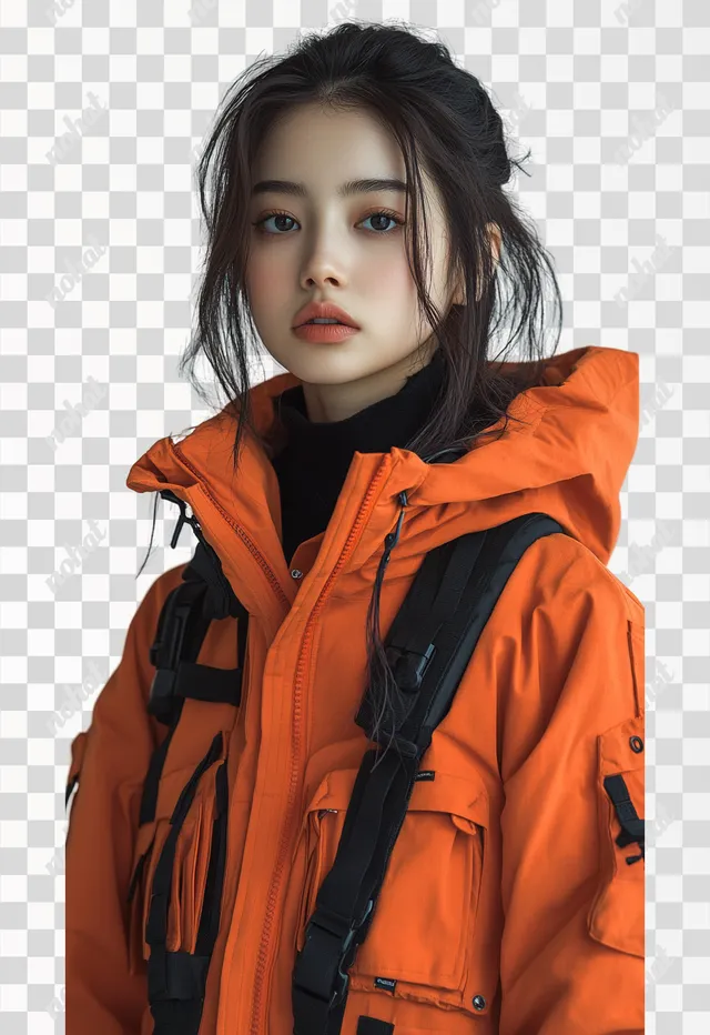 an asian woman wearing an orange jacket