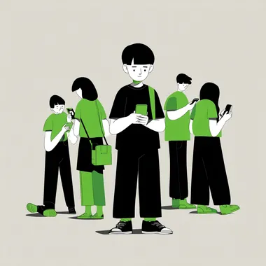 A simple flat illustration in vector style, with a cartoonish feel, mainly in black and white tones and green as an accent. A boy is among a group of people, who are playing with their mobile phones. The boy notices something else