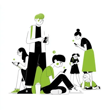 A simple flat illustration in vector style, with a cartoonish feel, mainly in black and white tones and green as an accent. A boy is among a group of people, who are playing with their mobile phones. The boy notices something else