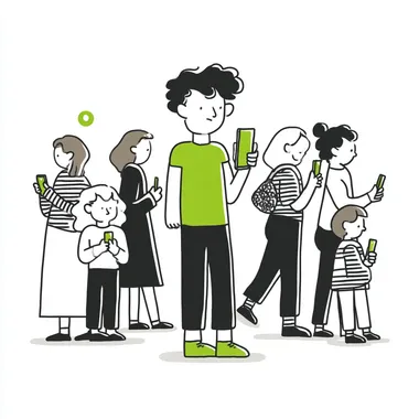 A simple flat illustration in vector style, with a cartoonish feel, mainly in black and white tones and green as an accent. A boy is among a group of people, who are playing with their mobile phones. The boy notices something else