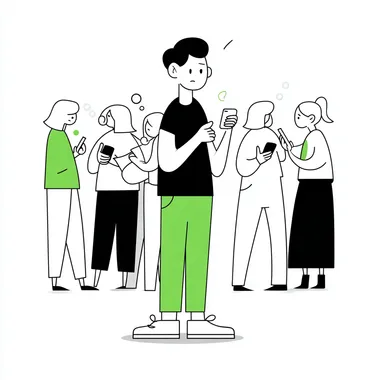 A simple flat illustration in vector style, with a cartoonish feel, mainly in black and white tones and green as an accent. A boy is among a group of people, who are playing with their mobile phones. The boy notices something else
