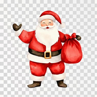 Santa Claus with gift bag, cute Christmas clipart, watercolor illustration, bright colors, isolated on white background   pkmg2ei