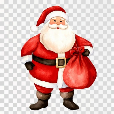 Santa Claus with gift bag, cute Christmas clipart, watercolor illustration, bright colors, isolated on white background   pkmg2ei